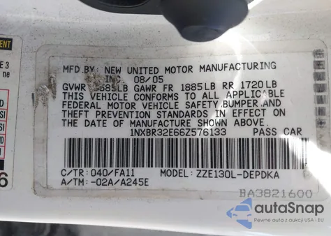 2006 Toyota Corolla Ce from USA, damaged, VIN 1NXBR32E66Z576133